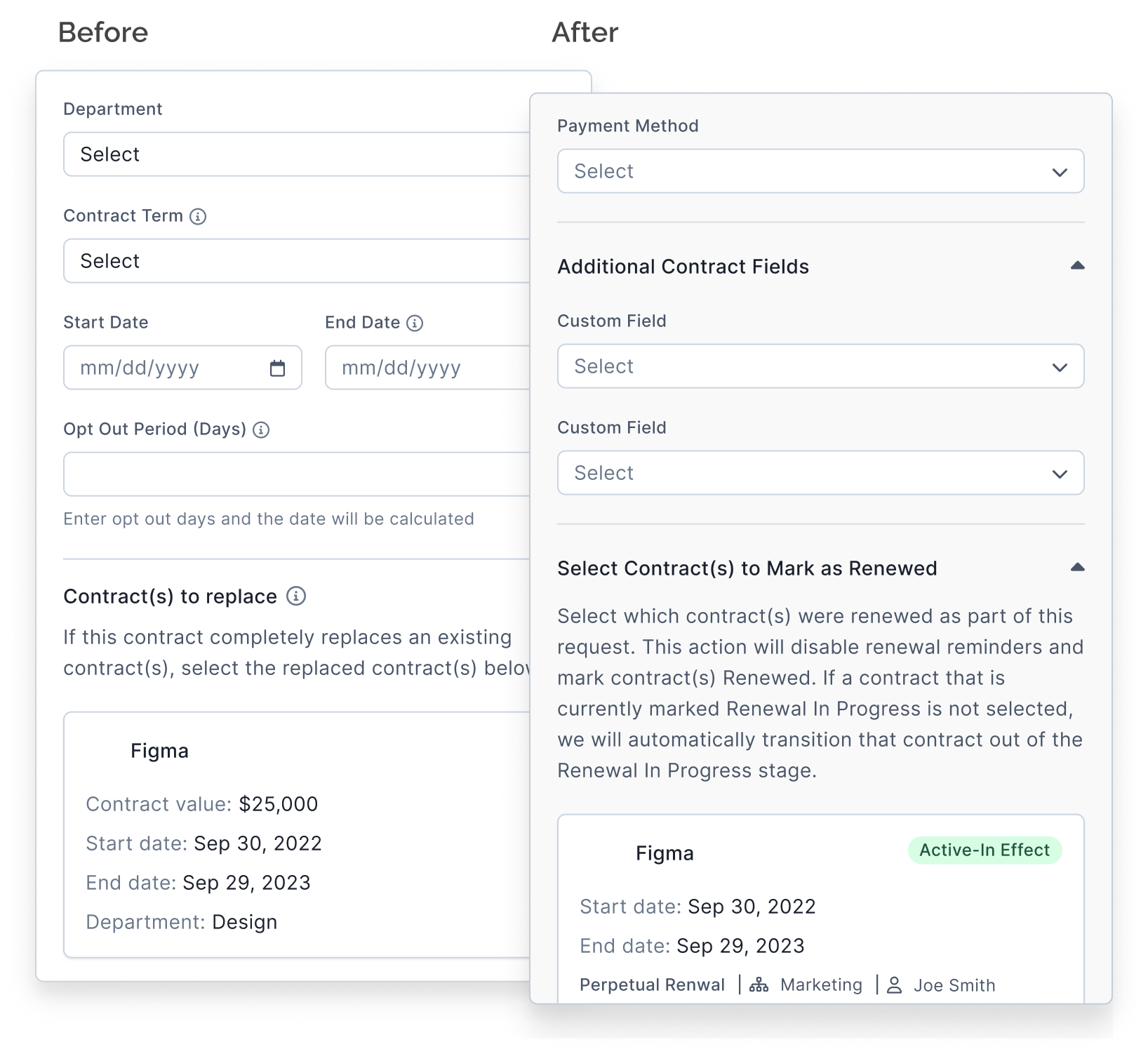 Screenshots showing form with and without custom fields